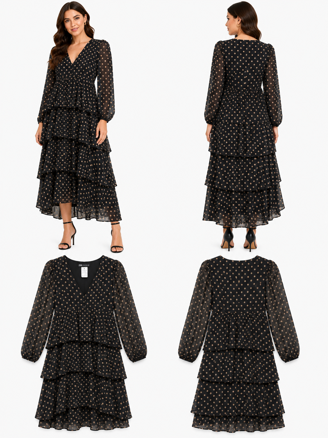 Zara Black with Gold Polka Dot Ruffle Dress