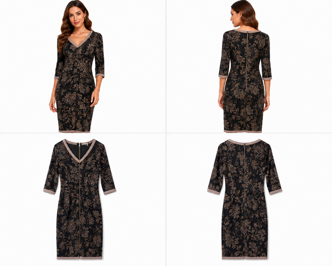Loobies Story Black & Brown Floral Jacquard Pencil Dress (Size 8)