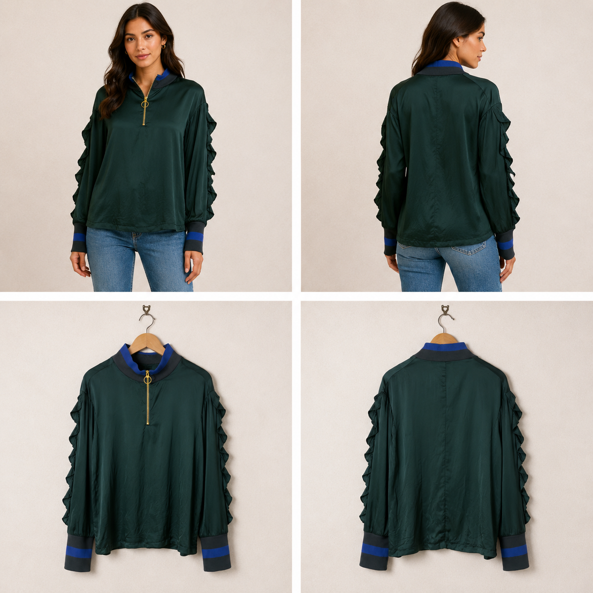 Maggie Marilyn Green Satin Ruffle Sleeve Shirt (Size 12)