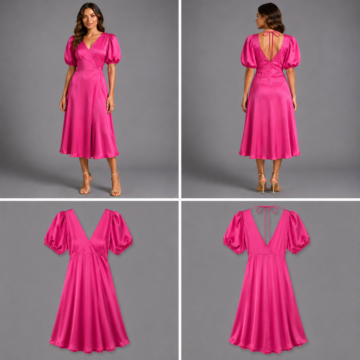 Ruby Satin Puff Sleeve Midi Dress (Size 8)