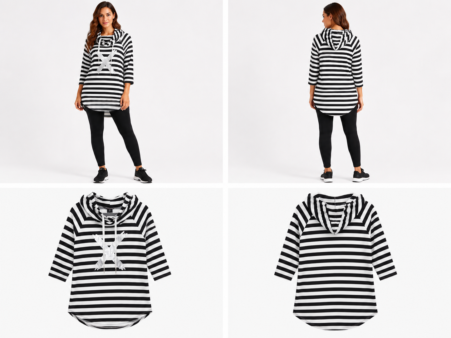 Homely Black & White Stripe Hooded Dress Top (Size 16)