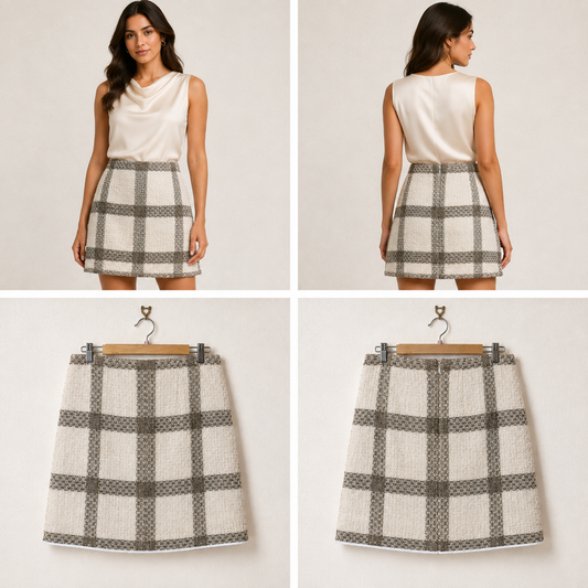 Country Road Cream & Brown Square Print Skirt (Size 16)