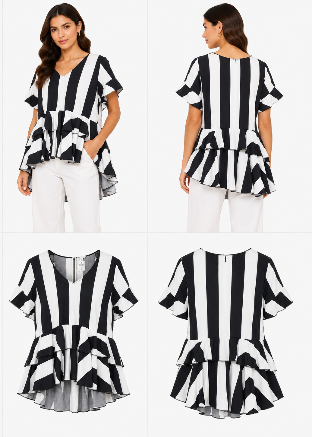 Black & White Striped Cotton V-Neck Top (Size 12)