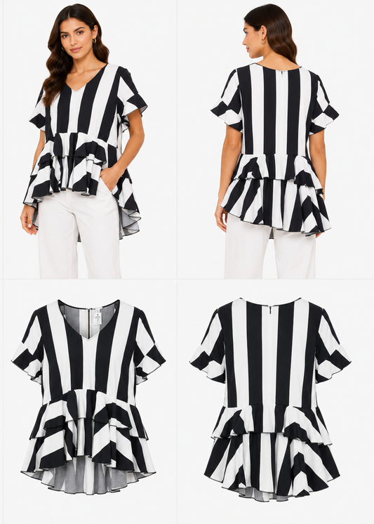 Black & White Striped Cotton V-Neck Top (Size 12)