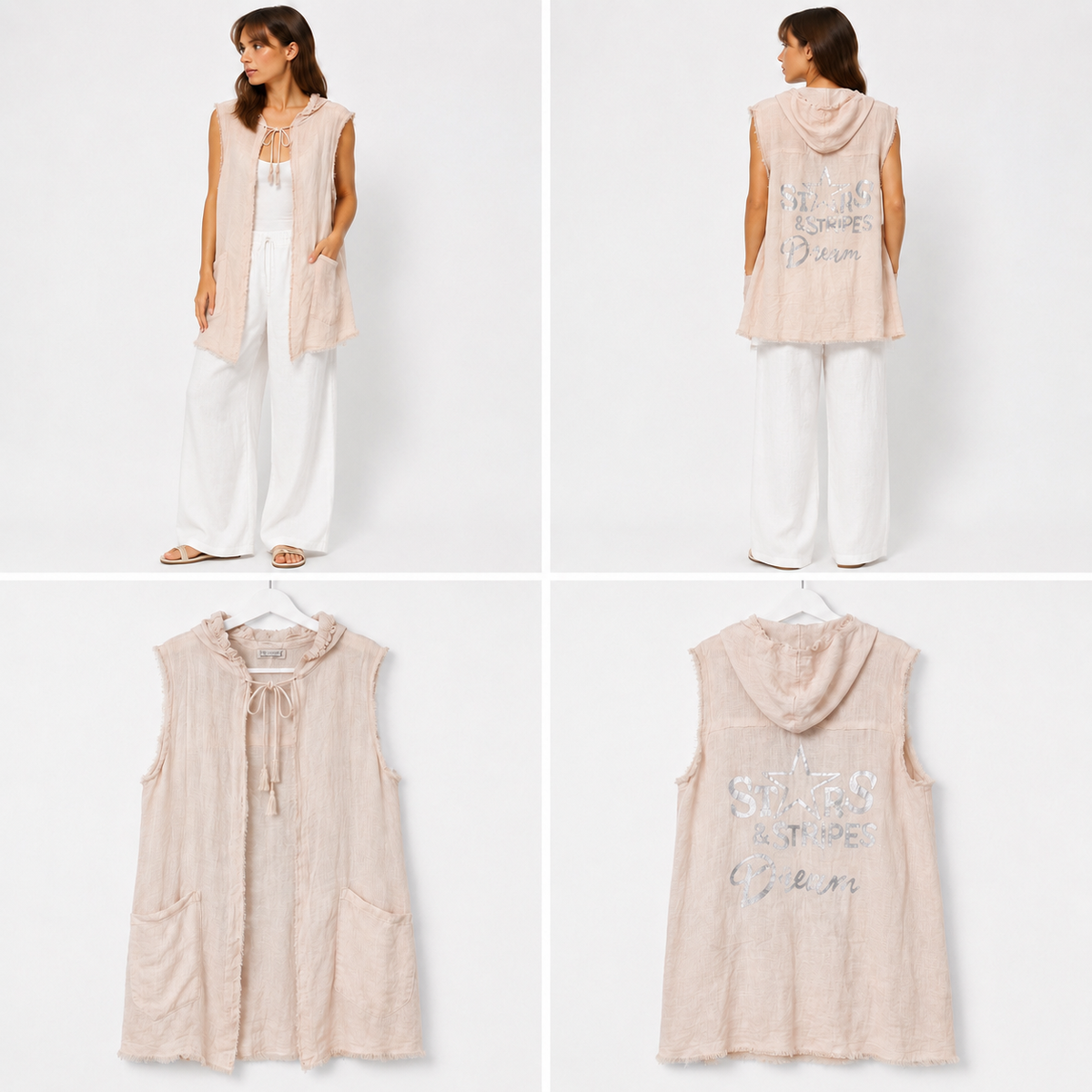 New Collection 100% Linen Sleeveless Top Almond Beige (Size L)