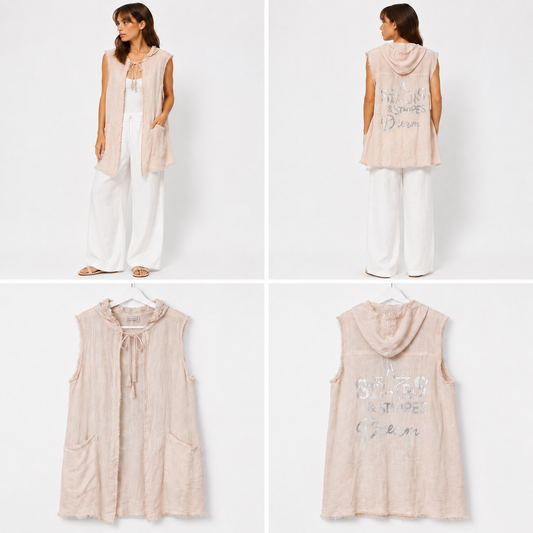New Collection 100% Linen Sleeveless Top Almond Beige (Size L)