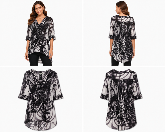 Obi Black, White & Mauve Abstract Print Tunic (Size 10)
