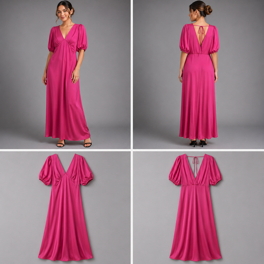 Ruby Satin Puff Sleeve Fuchsia Mini Dress (Size 14)